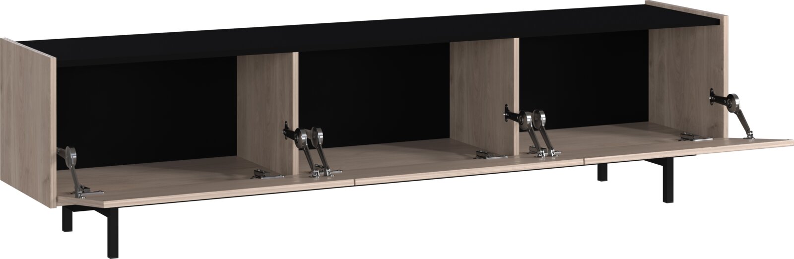 Houten tv-lowboard met drie open vakken en zwarte metalen poten, vooraanzicht