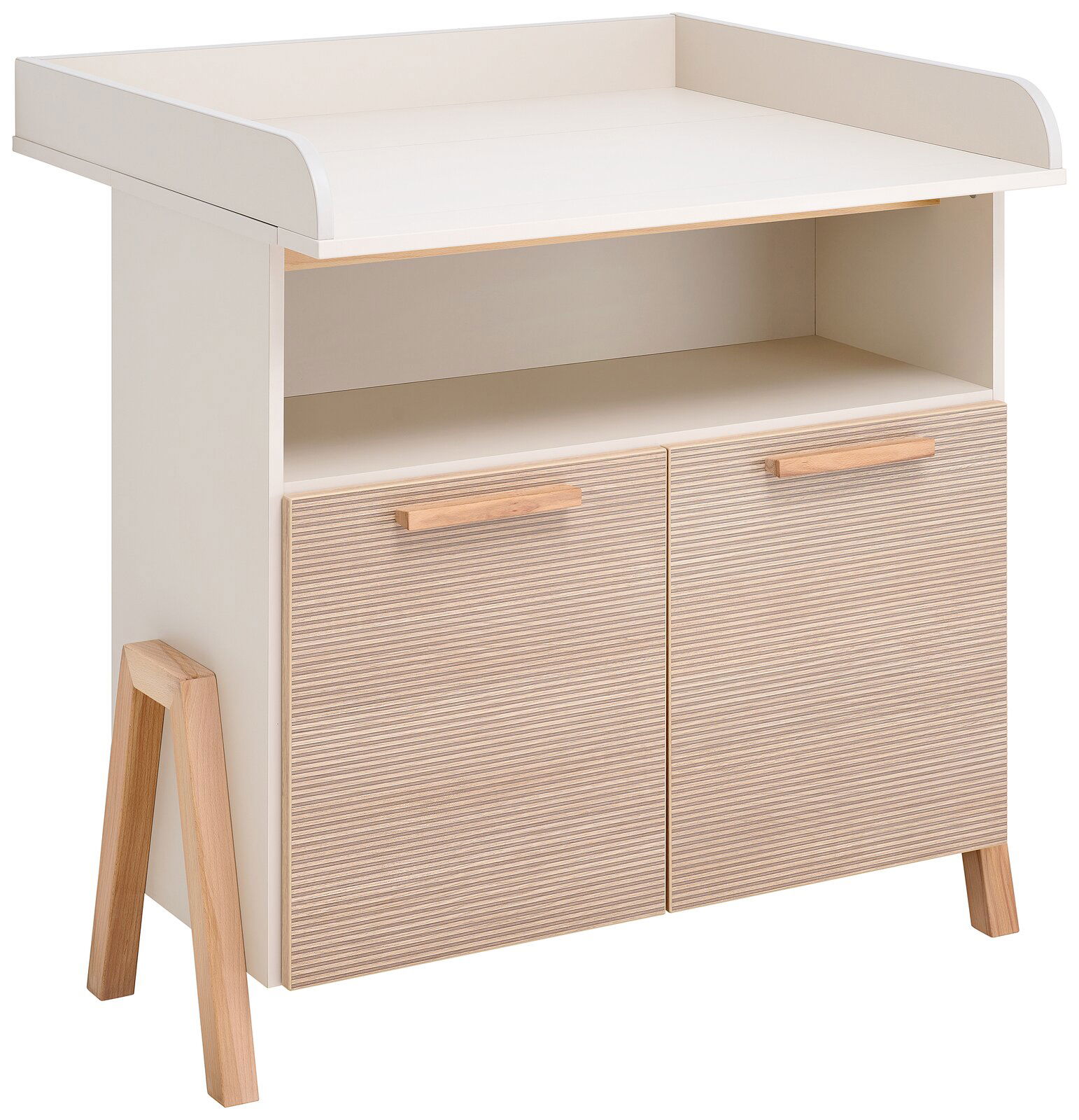 Wickelkommode aus hellem Holz mit zwei Türen und einem offenen Fach, seitliche Perspektive