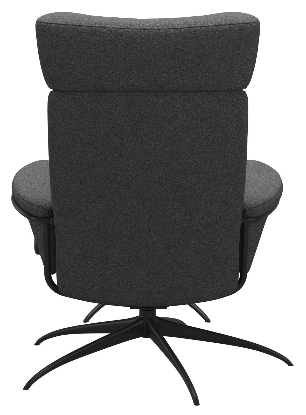 Rückansicht eines grünen Einzelsessels mit Kopfstütze und schwarzem Drehfuß.