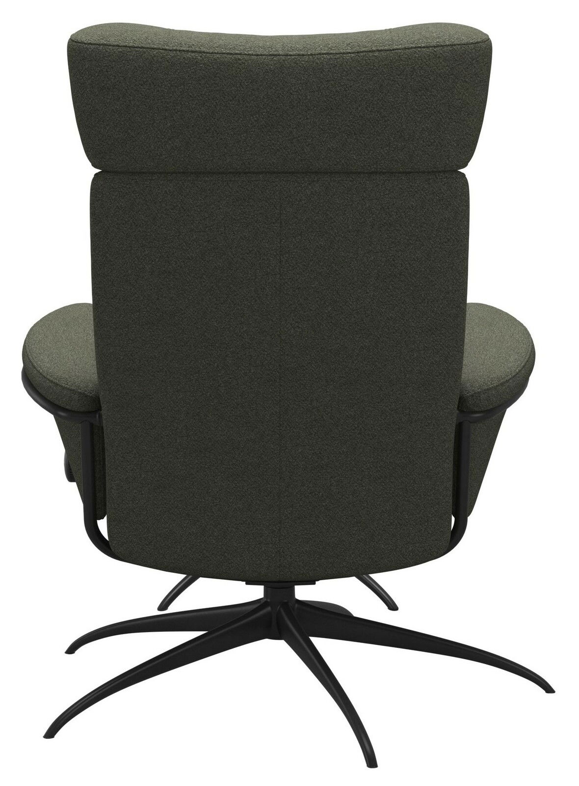 Rückansicht eines grünen Einzelsessels mit Kopfstütze und schwarzem Drehfuß.