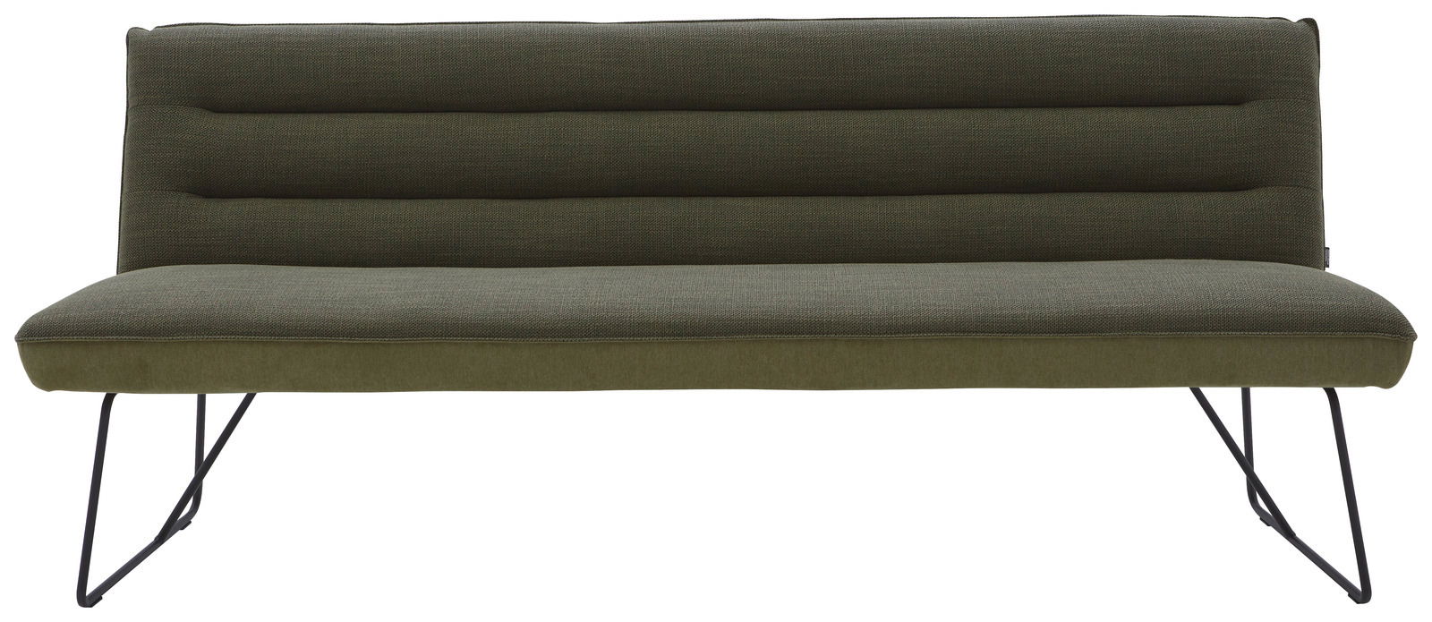 Grüne Bank mit gepolsterter Rückenlehne und Metallbeinen, Frontalansicht