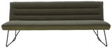Grüne Bank mit gepolsterter Rückenlehne und Metallbeinen, Frontalansicht