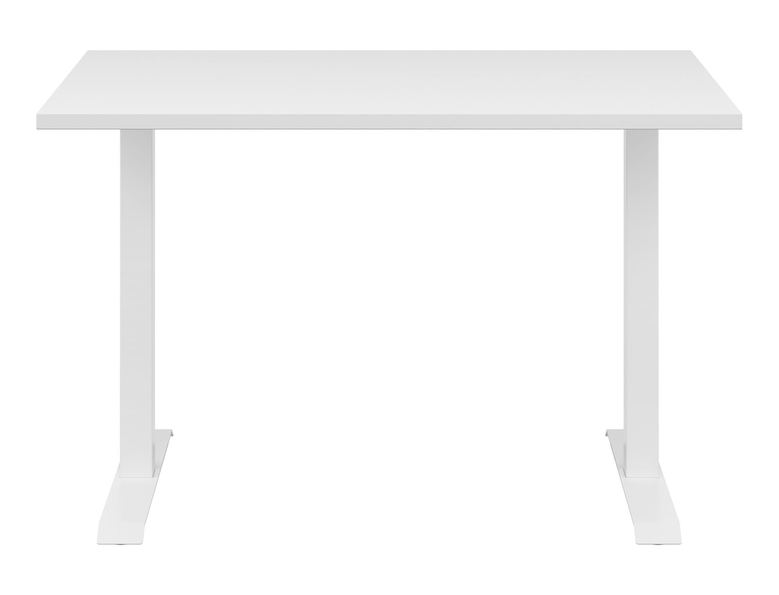 Weißer Schreibtisch CONNECT von vorne betrachtet, mit schlichtem Design und stabilen Metallbeinen.