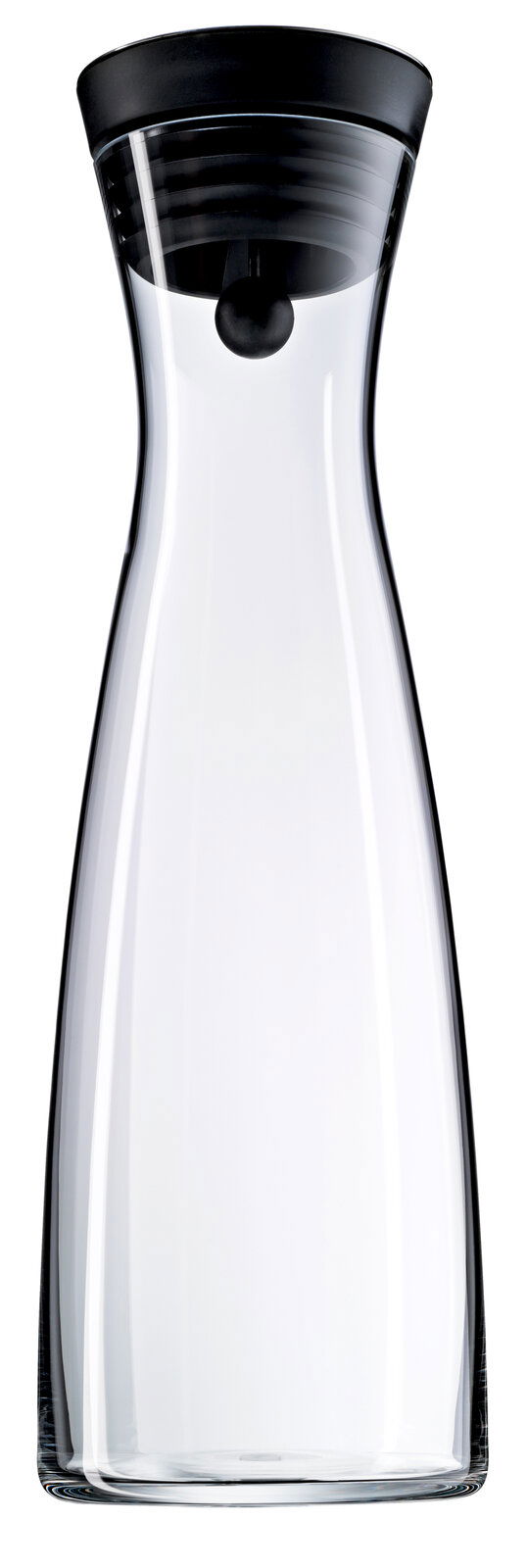 Transparente Wasserkaraffe BASIC 1,5L mit schwarzem Deckel, frontal abgebildet.