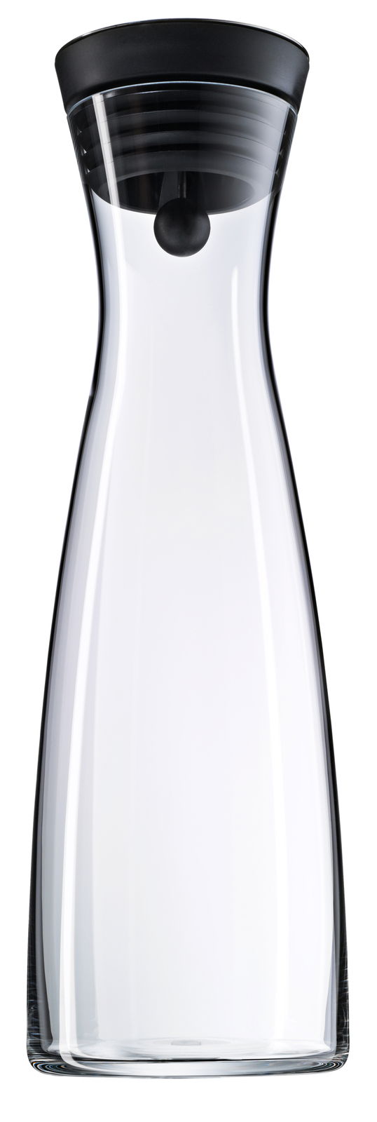 Transparente Wasserkaraffe BASIC 1,5L mit schwarzem Deckel, frontal abgebildet.