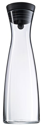Transparente Wasserkaraffe BASIC 1,5L mit schwarzem Deckel, frontal abgebildet.