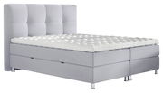 Graues Boxbett mit gestepptem Kopfteil und Matratze, seitliche Perspektive