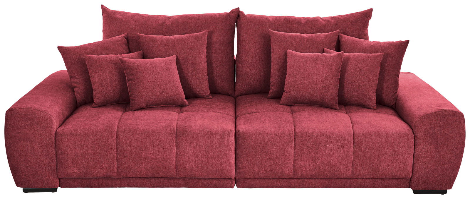 Großes, rotes Big-Sofa mit mehreren Kissen, frontal fotografiert.