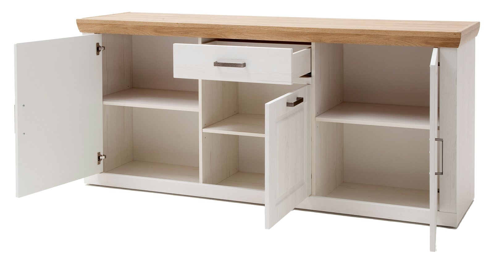 Weißes Sideboard im Landhausstil mit naturfarbener Holzplatte, zwei geöffneten Türen und einer halb geöffneten Schublade, Innenfächer sichtbar, Frontansicht in leichter Schrägperspektive von vorn