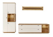 Moderne Wandkombination aus Holz und Weiß mit Schrank, Regal und Sideboard, frontal betrachtet.