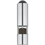 Elektrische Mühle aus Edelstahl mit transparentem Mittelteil, gefüllt mit Pfefferkörnern, in Frontalansicht