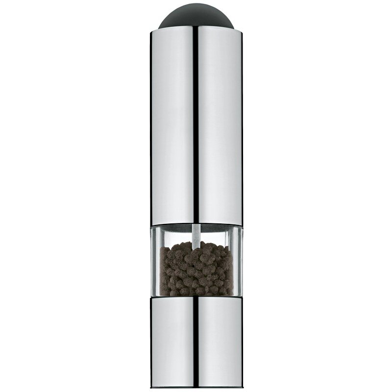 WMF Elektrischer Salz-/Pfefferstreuer Elektrische Mühle aus Edelstahl mit transparentem Mittelteil, gefüllt mit Pfefferkörnern, in Frontalansicht