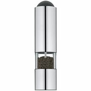 Elektrische Mühle aus Edelstahl mit transparentem Mittelteil, gefüllt mit Pfefferkörnern, in Frontalansicht