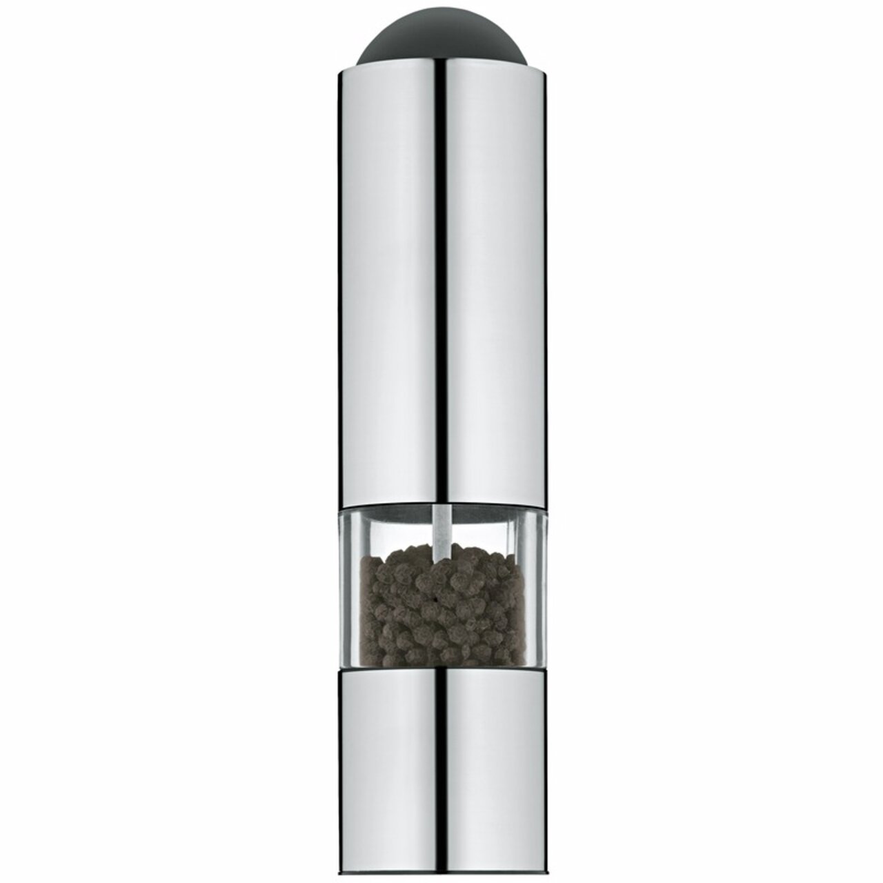 Elektrische Mühle aus Edelstahl mit transparentem Mittelteil, gefüllt mit Pfefferkörnern, in Frontalansicht