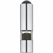 Elektrische Mühle aus Edelstahl mit transparentem Mittelteil, gefüllt mit Pfefferkörnern, in Frontalansicht