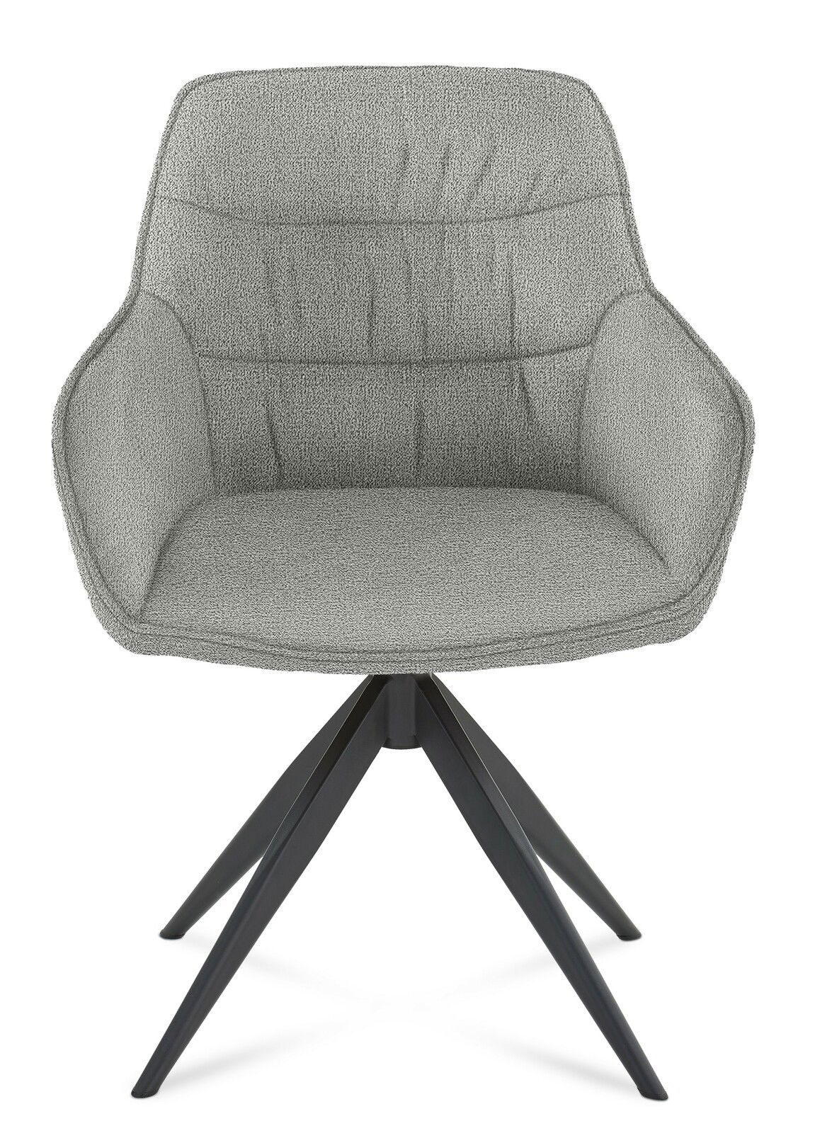 Grauer Armlehnstuhl mit gepolsterter Sitzfläche und Rückenlehne, schwarzes Metallgestell, Frontalansicht