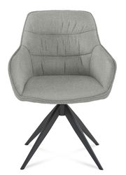 Grauer Armlehnstuhl mit gepolsterter Sitzfläche und Rückenlehne, schwarzes Metallgestell, Frontalansicht