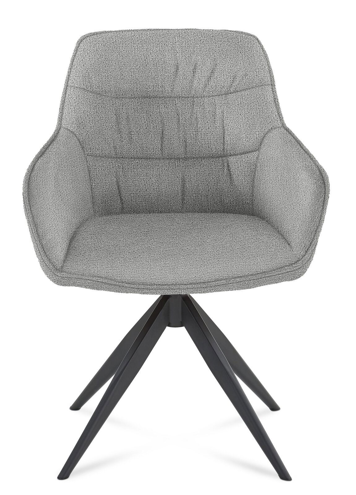 Grauer Armlehnstuhl mit gepolsterter Sitzfläche und Rückenlehne, schwarzes Metallgestell, Frontalansicht