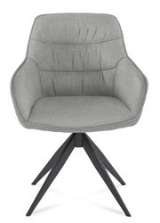 Grauer Armlehnstuhl mit gepolsterter Sitzfläche und Rückenlehne, schwarzes Metallgestell, Frontalansicht