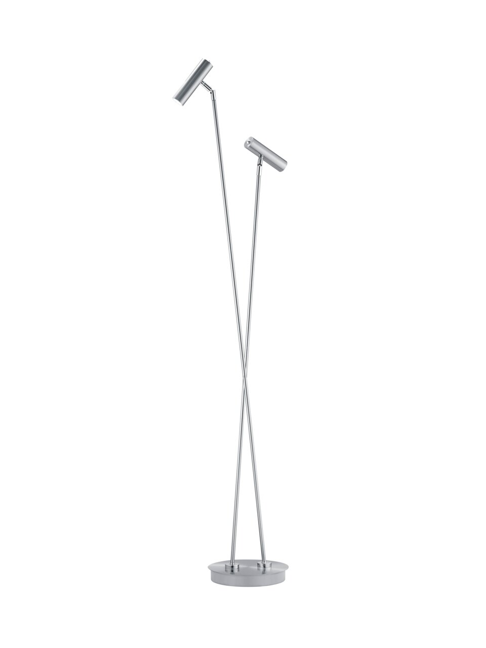 Moderne LED-Stehleuchte mit zwei verstellbaren Leuchtenköpfen, silbernes Design, seitliche Perspektive