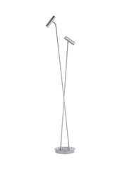 Moderne LED-Stehleuchte mit zwei verstellbaren Leuchtenköpfen, silbernes Design, seitliche Perspektive