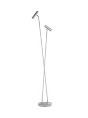 Moderne led-staande lamp met twee verstelbare lampkoppen, zilverkleurig ontwerp, zijaanzicht