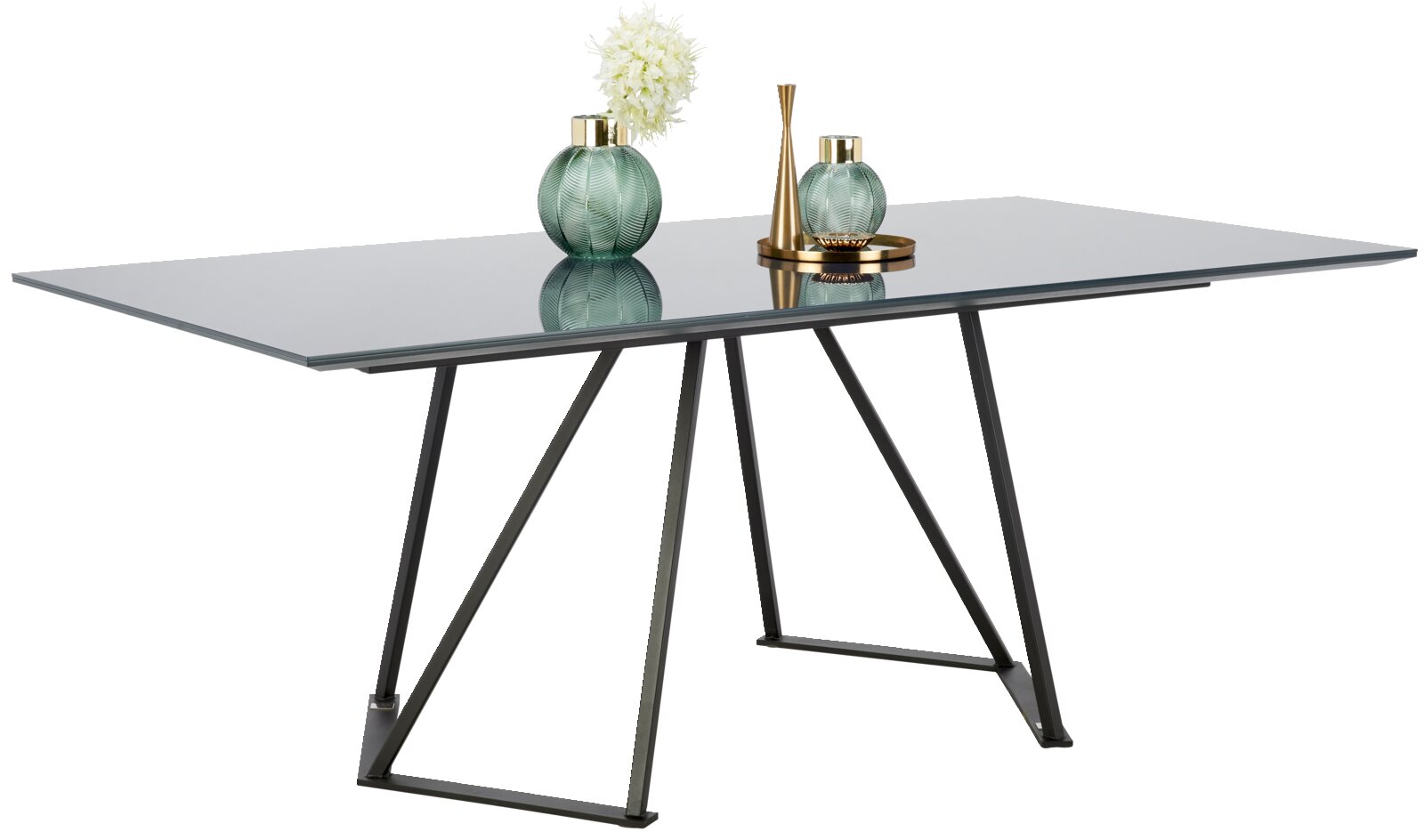 Moderner Esstisch mit Glasplatte und Metallgestell, seitliche Perspektive, dekoriert mit grünen Vasen und goldenen Akzenten.