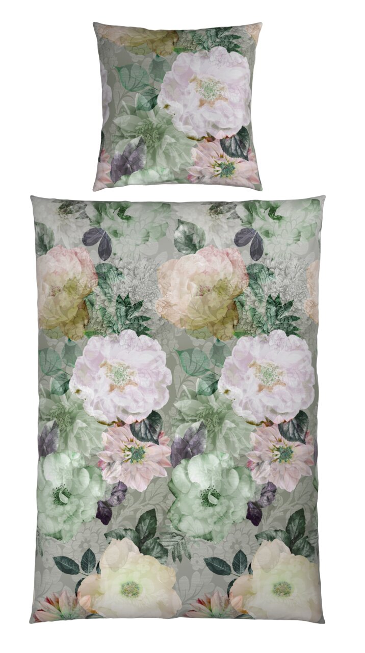 Wendebettwäsche mit floralem Muster in sanften Pastelltönen, Draufsicht