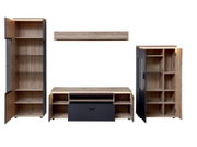 Wohnwand-Möbelset in Holzoptik mit anthrazitfarbenen Fronten, bestehend aus hoher Vitrine, TV-Lowboard und Schrank, Türen und Schublade geöffnet mit sichtbaren Fächern, Glasböden und LED-Beleuchtung, Frontansicht