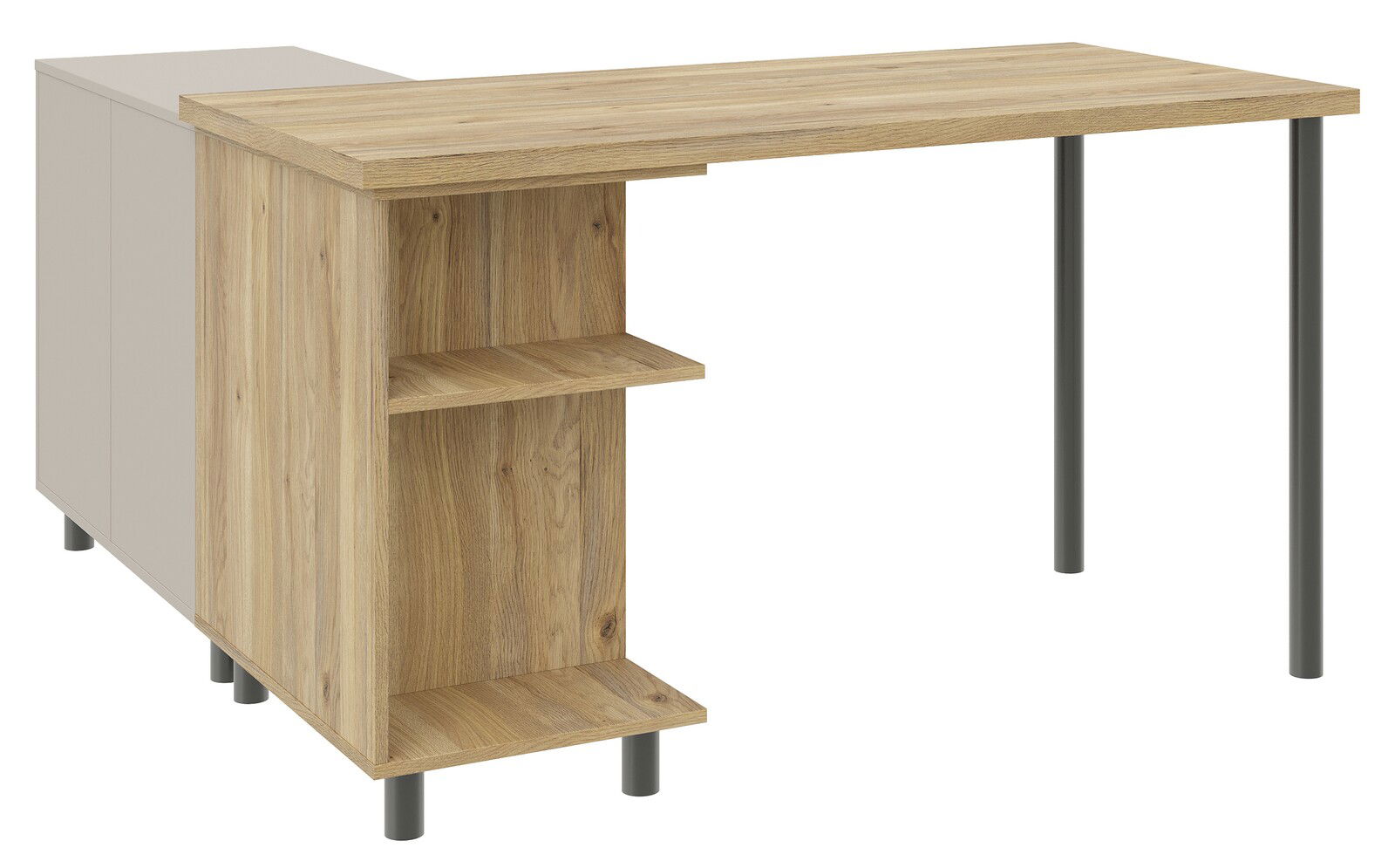 Eck-Schreibtischkombination aus Holz mit Regalfächern und Metallbeinen, seitliche Perspektive