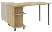 Eck-Schreibtischkombination aus Holz mit Regalfächern und Metallbeinen, seitliche Perspektive