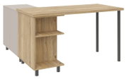 Eck-Schreibtischkombination aus Holz mit Regalfächern und Metallbeinen, seitliche Perspektive