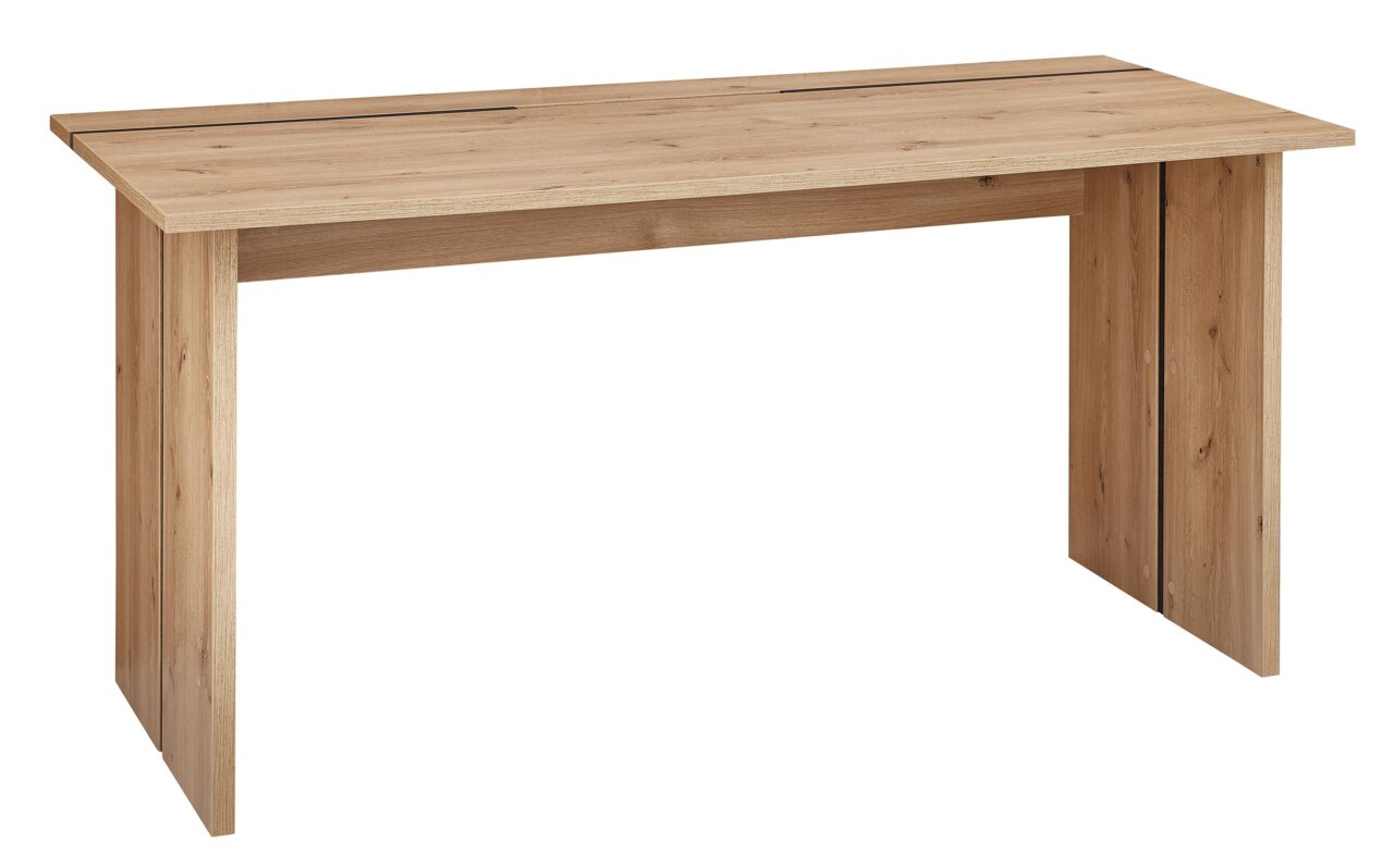 Moderner Schreibtisch aus Holz in natürlicher Eichenoptik, seitliche Perspektive