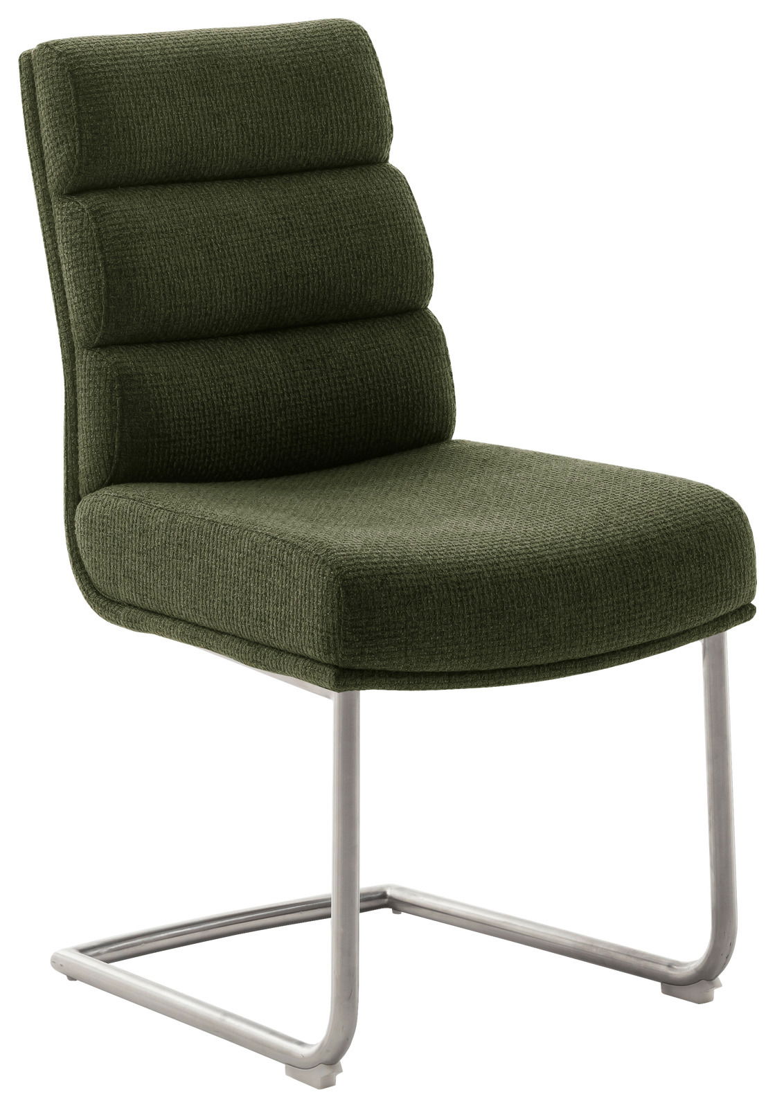 Grüner Freischwinger-Stuhl mit gepolsterter Rückenlehne und Sitzfläche, seitliche Perspektive