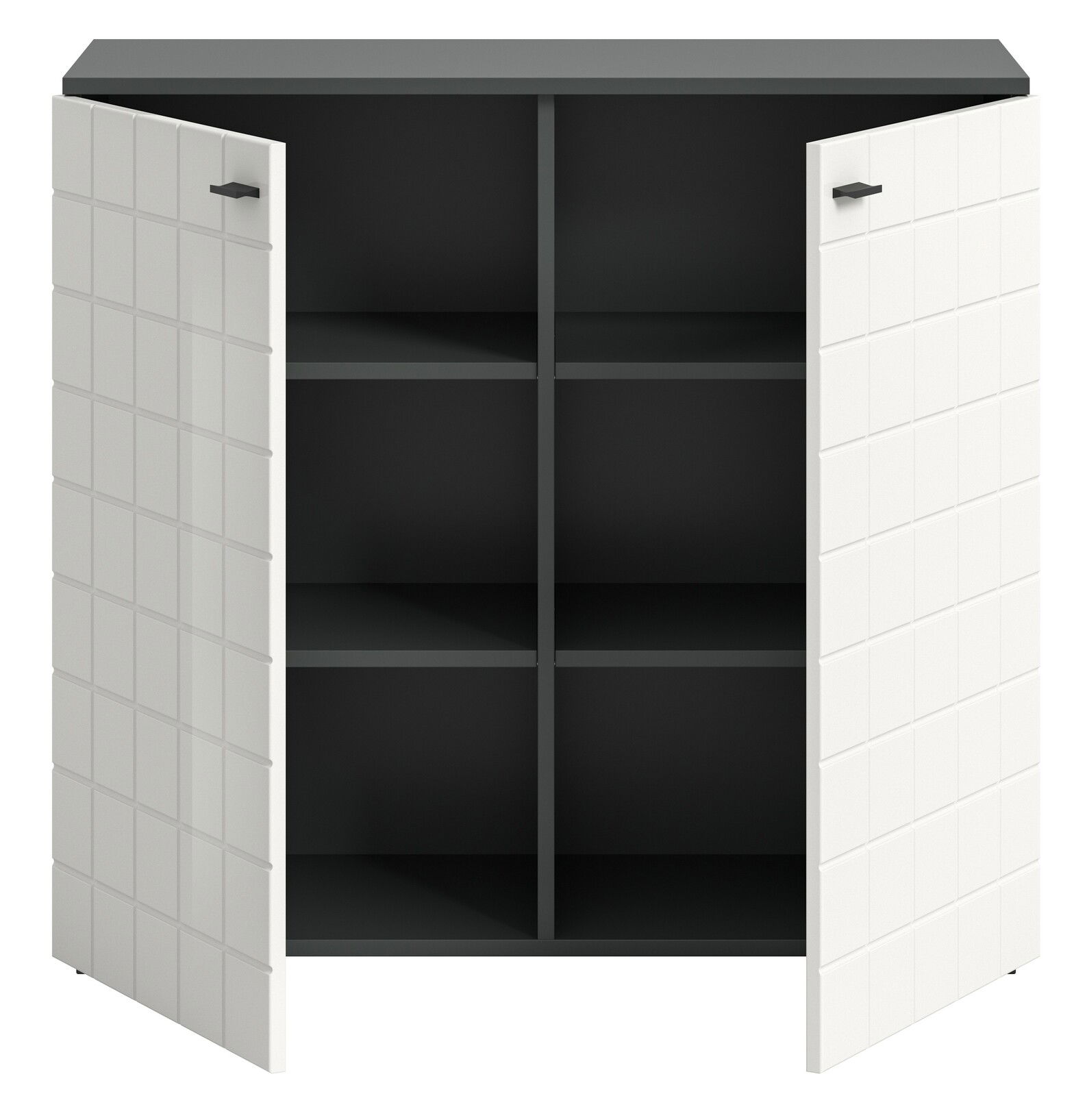 Kommode mit zwei geöffneten Türen, die sechs Fächer zeigen, aus der Frontalperspektive.