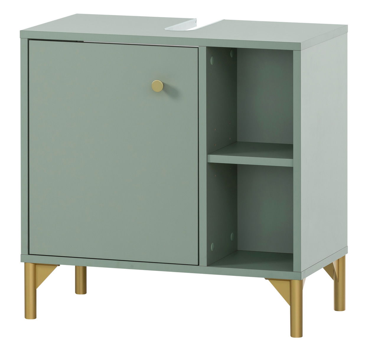 Stylife Waschbeckenunterschrank ANDO Moderner Waschbeckenunterschrank in grauer Farbe mit goldenen Beinen, einer Tür und zwei offenen Regalfächern, perspektivisch von vorne links betrachtet.