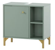 Moderner Waschbeckenunterschrank in grauer Farbe mit goldenen Beinen, einer Tür und zwei offenen Regalfächern, perspektivisch von vorne links betrachtet.