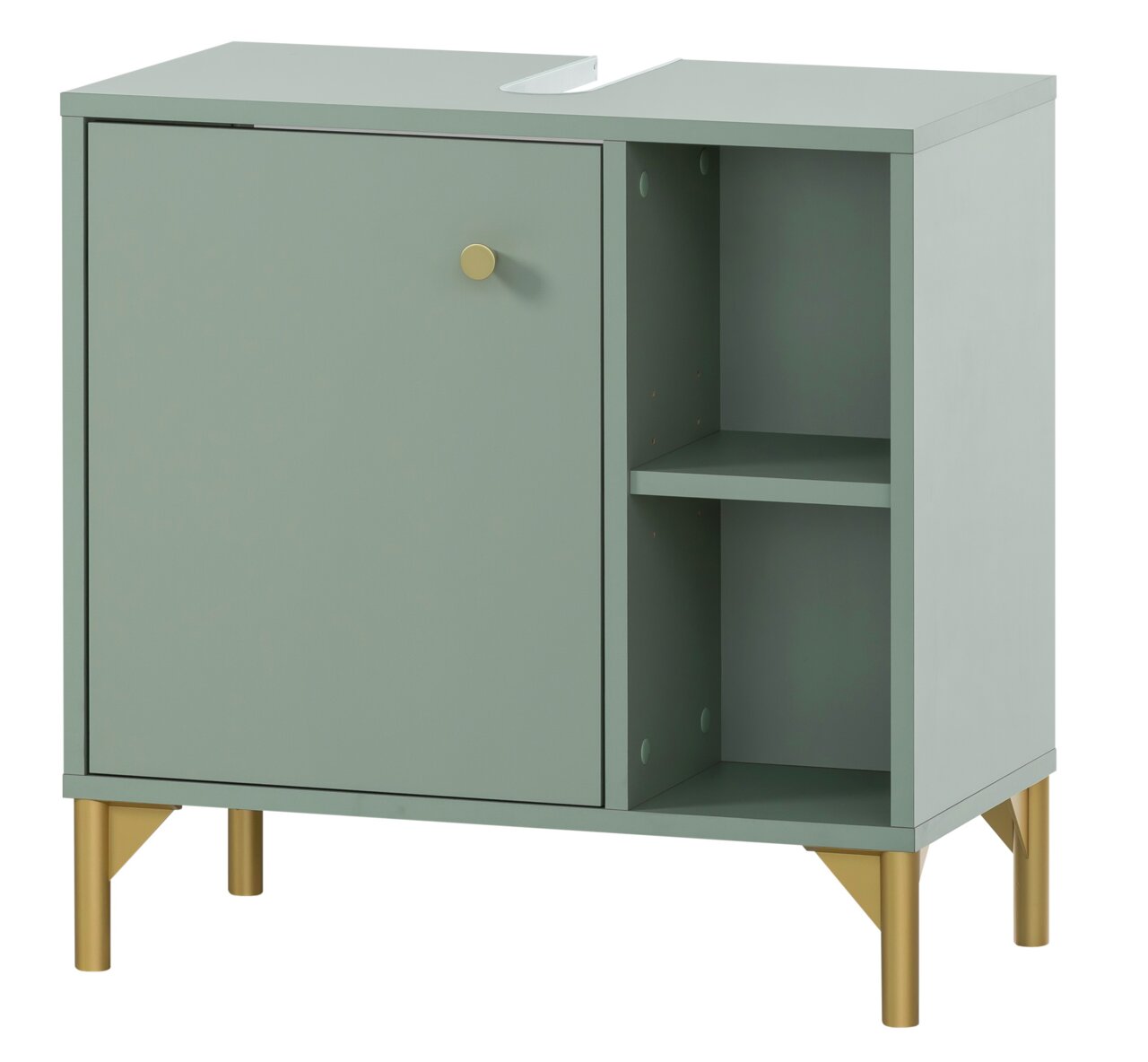 Stylife Waschbeckenunterschrank ANDO Moderner Waschbeckenunterschrank in grauer Farbe mit goldenen Beinen, einer Tür und zwei offenen Regalfächern, perspektivisch von vorne links betrachtet.