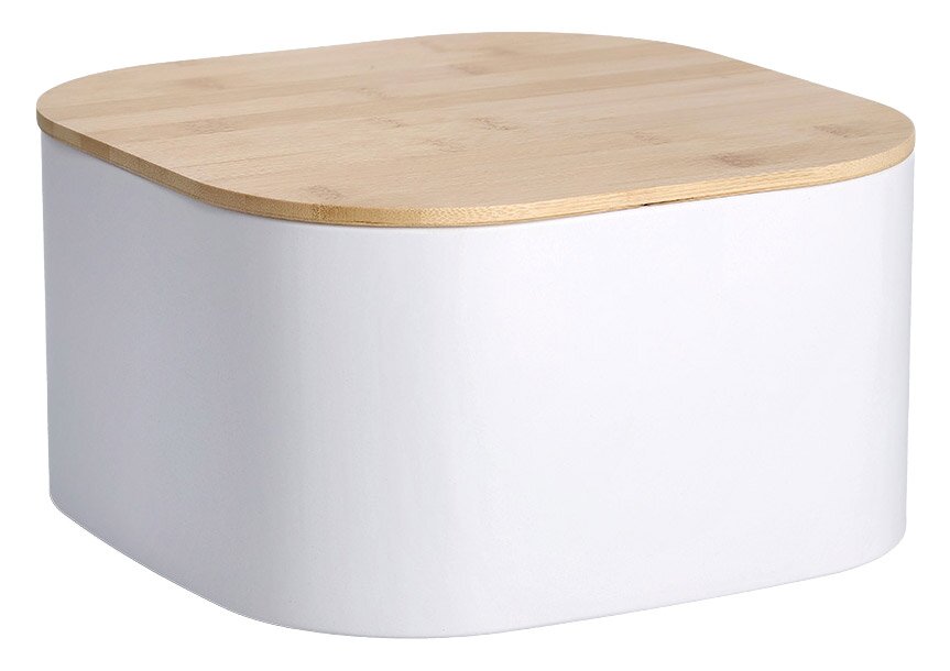 Moderner Brotkasten mit weißem Korpus und Holzdeckel, seitliche Perspektive