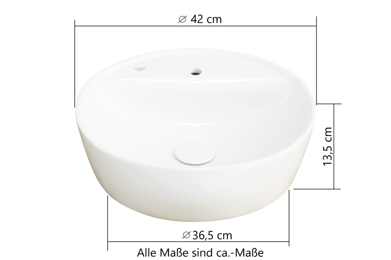 Runder, weißer Waschtisch mit einem Durchmesser von 42 cm und einer Höhe von 13,5 cm, von oben betrachtet.