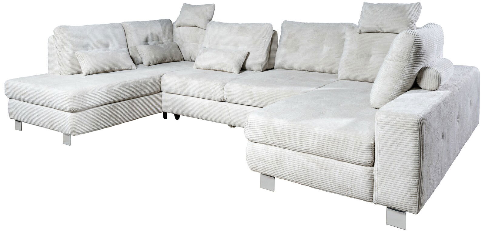 Großes, modernes U-förmiges Sofa in hellem Stoff mit mehreren Kissen, aus einer leicht seitlichen Perspektive fotografiert.