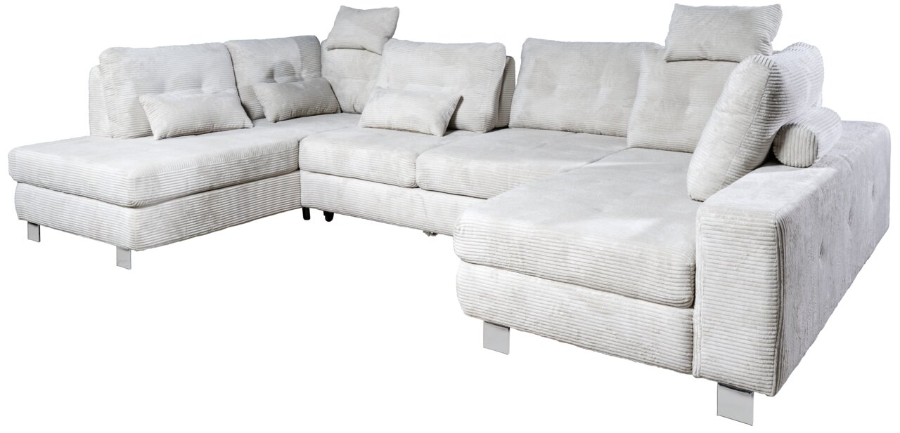 Großes, modernes U-förmiges Sofa in hellem Stoff mit mehreren Kissen, aus einer leicht seitlichen Perspektive fotografiert.