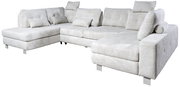 Großes, modernes U-förmiges Sofa in hellem Stoff mit mehreren Kissen, aus einer leicht seitlichen Perspektive fotografiert.