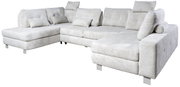 Großes, modernes U-förmiges Sofa in hellem Stoff mit mehreren Kissen, aus einer leicht seitlichen Perspektive fotografiert.