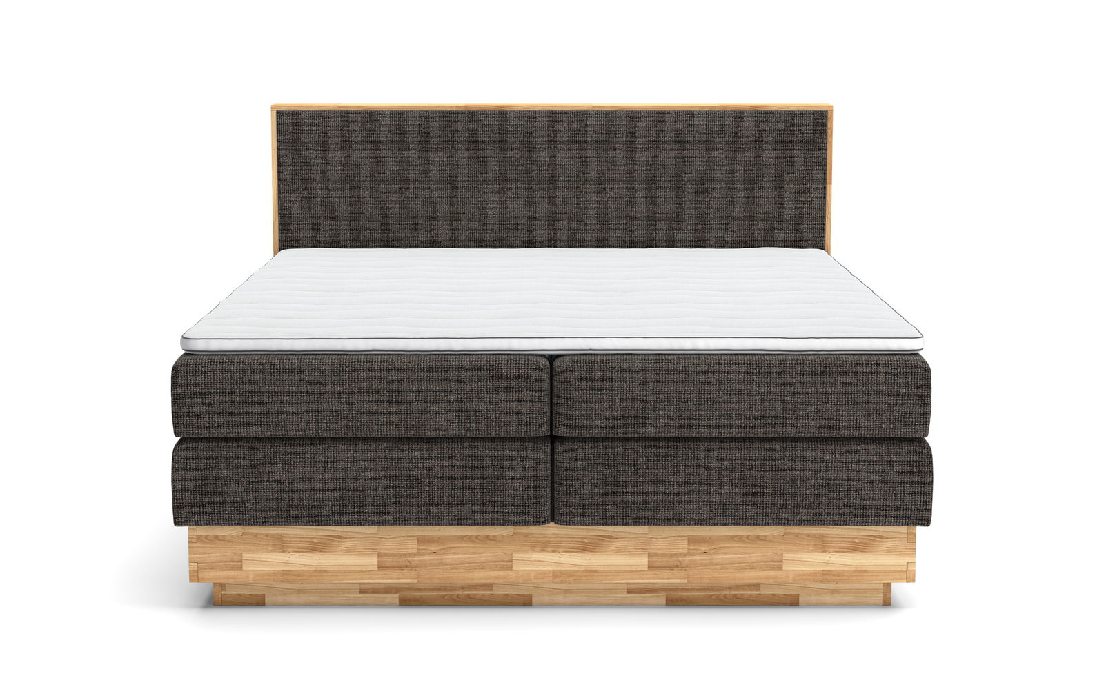 Frontale Ansicht eines Boxspringbetts mit dunklem Stoffbezug und hellem Holzrahmen.