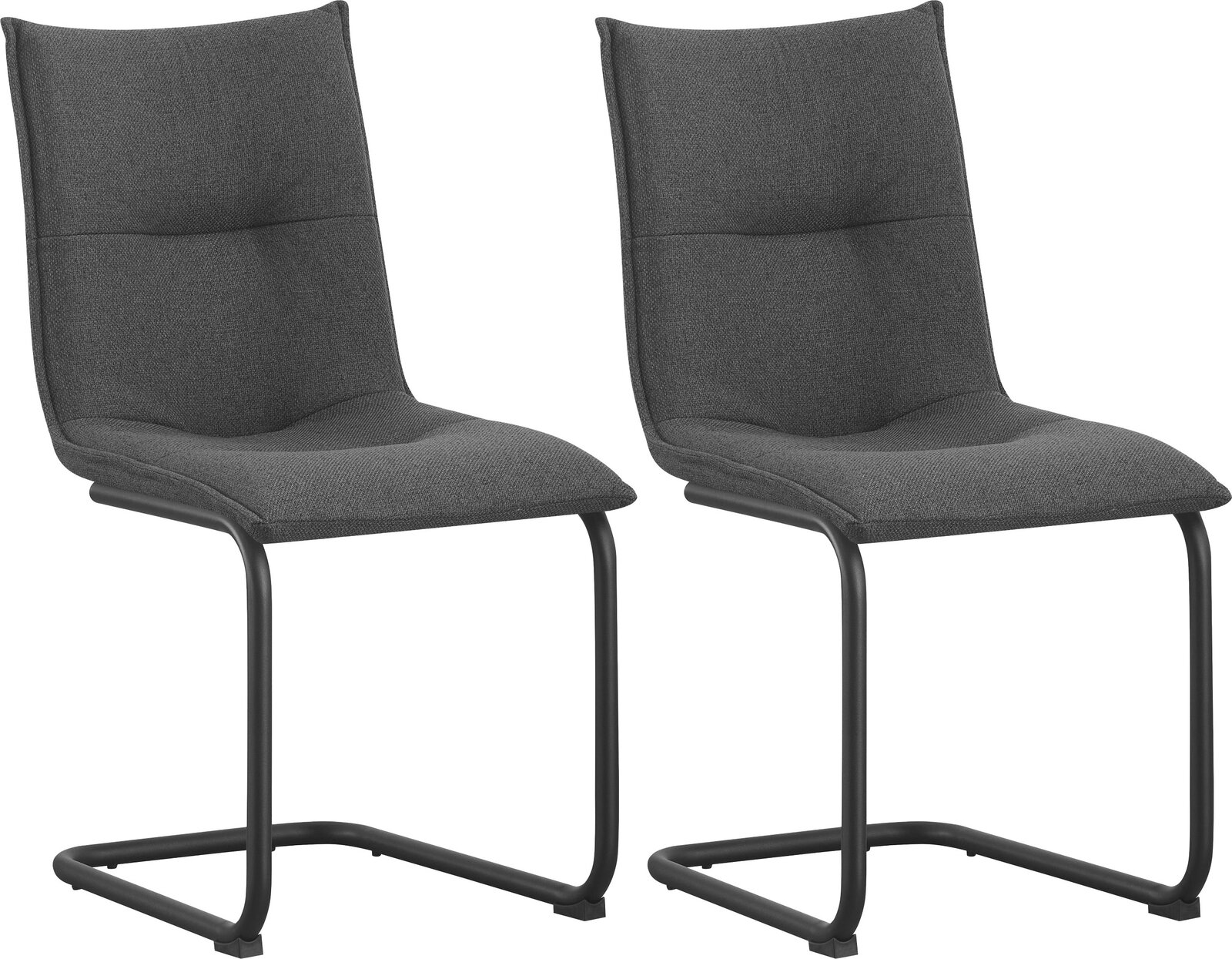 Zwei moderne Freischwinger-Stühle mit dunkelgrauem Stoffbezug und schwarzem Metallgestell, schräg von vorne in leichter Seitenansicht auf weißem Hintergrund