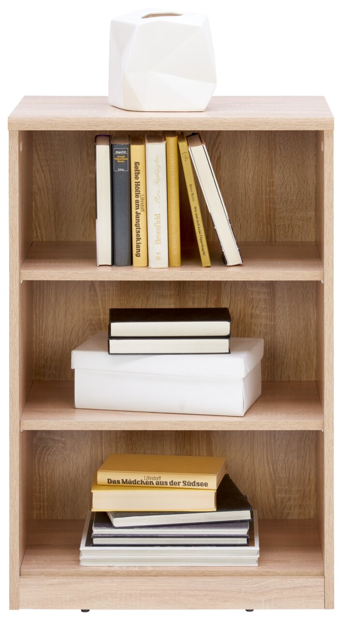 XORA Regal EASY Holzregal mit drei Ebenen, gefüllt mit Büchern und einer weißen Vase auf der Oberseite, Frontalansicht