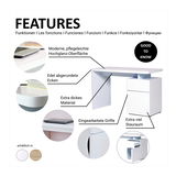 Moderner Schreibtisch mit pflegeleichter Hochglanz-Oberfläche, edel abgerundeten Ecken und extra dickem Material. Integrierte Griffe und viel Stauraum. Seitenansicht.