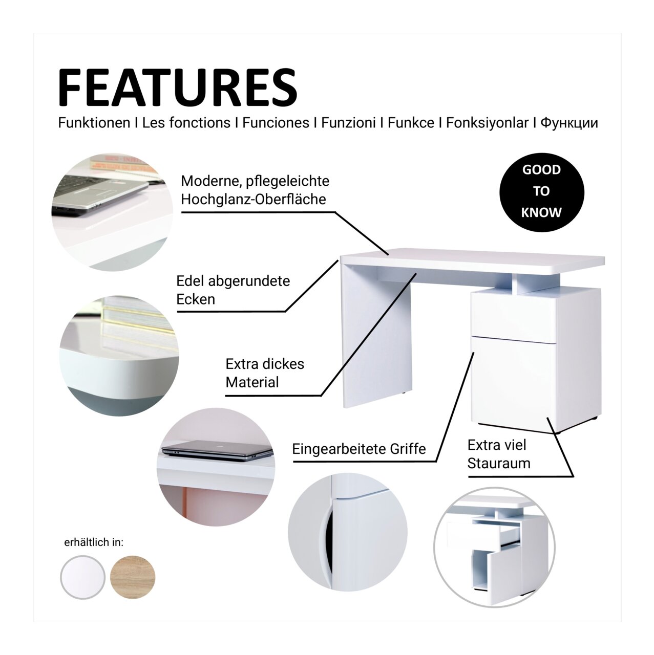 Moderner Schreibtisch mit pflegeleichter Hochglanz-Oberfläche, edel abgerundeten Ecken und extra dickem Material. Integrierte Griffe und viel Stauraum. Seitenansicht.