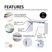 Moderner Schreibtisch mit pflegeleichter Hochglanz-Oberfläche, edel abgerundeten Ecken und extra dickem Material. Integrierte Griffe und viel Stauraum. Seitenansicht.